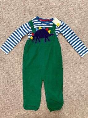 NWT Baby Boden Green Corduroy Overalls with Blue Stripe Tee and Dino Appliqué